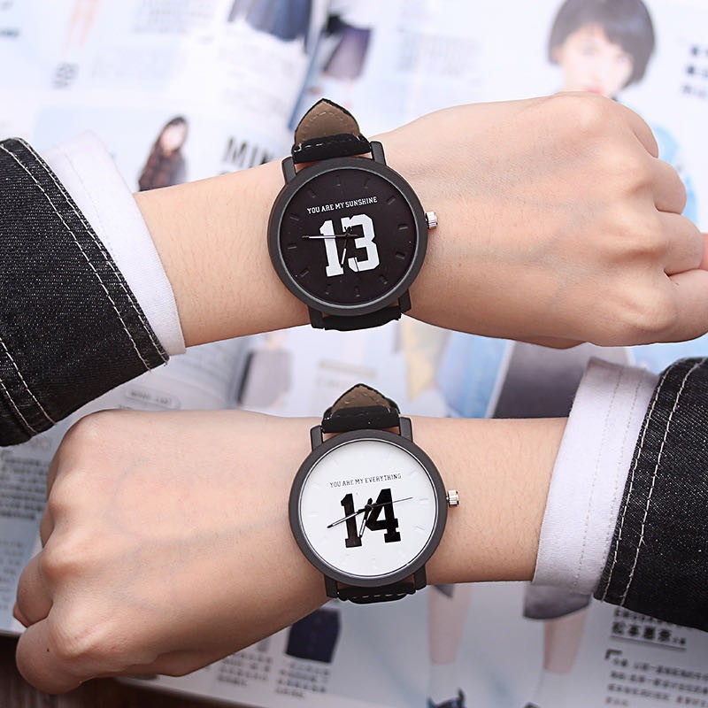 Jam Tangan Nomor 13 &amp; 14 Pasangan Jam Tangan Fashion Hitam Kulit Quartz Jam Tangan Wanita Pria