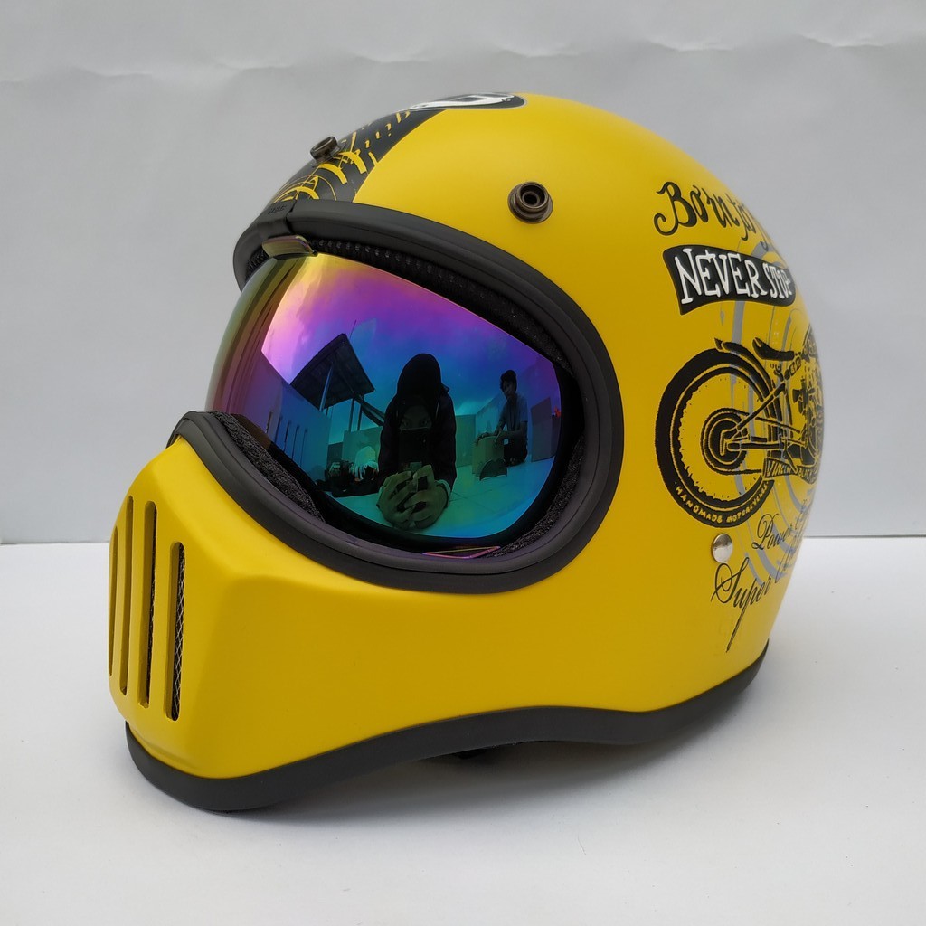 Helm Cakil HBC Born To Ride Yellow + Inner Visor ( Fullface / Retro / Klasik / Vespa )