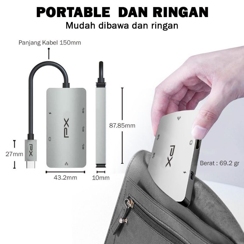 USB 3.1 Type-C 6in1 HDMI, USB 3.0, PD, Gigabit Lan PX UCH16