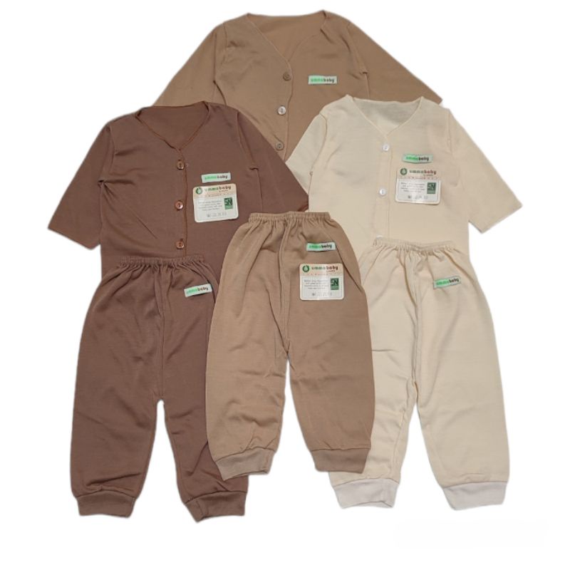 6 pcs / 3 Set Setelan Baju Bayi Baru Lahir Lengan Pendek Katun Halus Lembut SNI Baju Celana Paket Newborn Baby Perlengkapan Bayi Baru  Lahir Gift Kado Bayi Laki Perempuan-Panjang cream