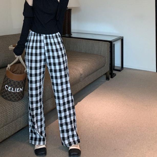 ☄ Celana Kotak Kotak Celana Panjang Model Longgar Highwaist Celana Warna Celana Bahan ➵