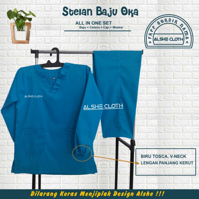 baju oka / baju jaga nakes, bidan, dokter, perawat, laborat / lengan panjang kerut / biru tosca