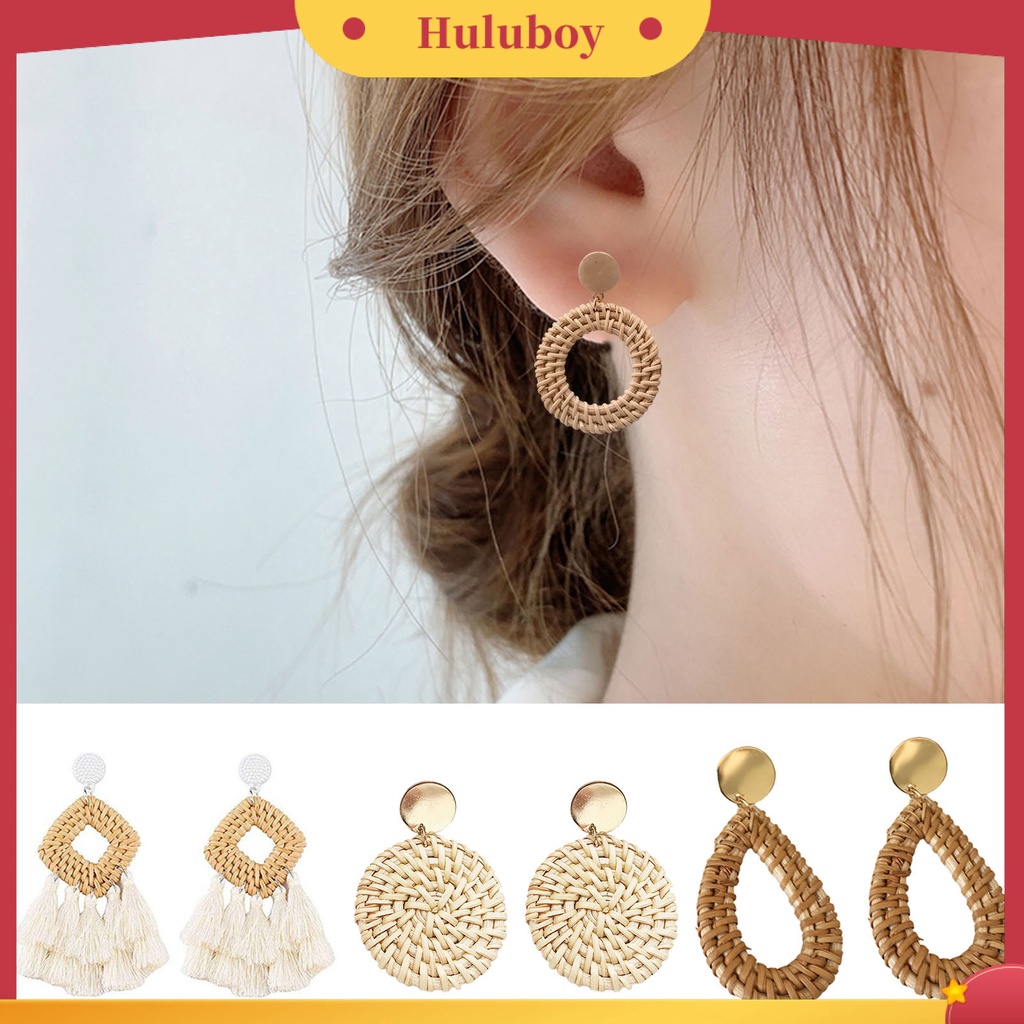 Hu Hu Hu Hu Hu Alat Bantu Pasang Kacamata♡ 4 Pasang Anting Rumbai Geometris Bahan Rotan Handmade Gaya Bohemian Untuk Wanita