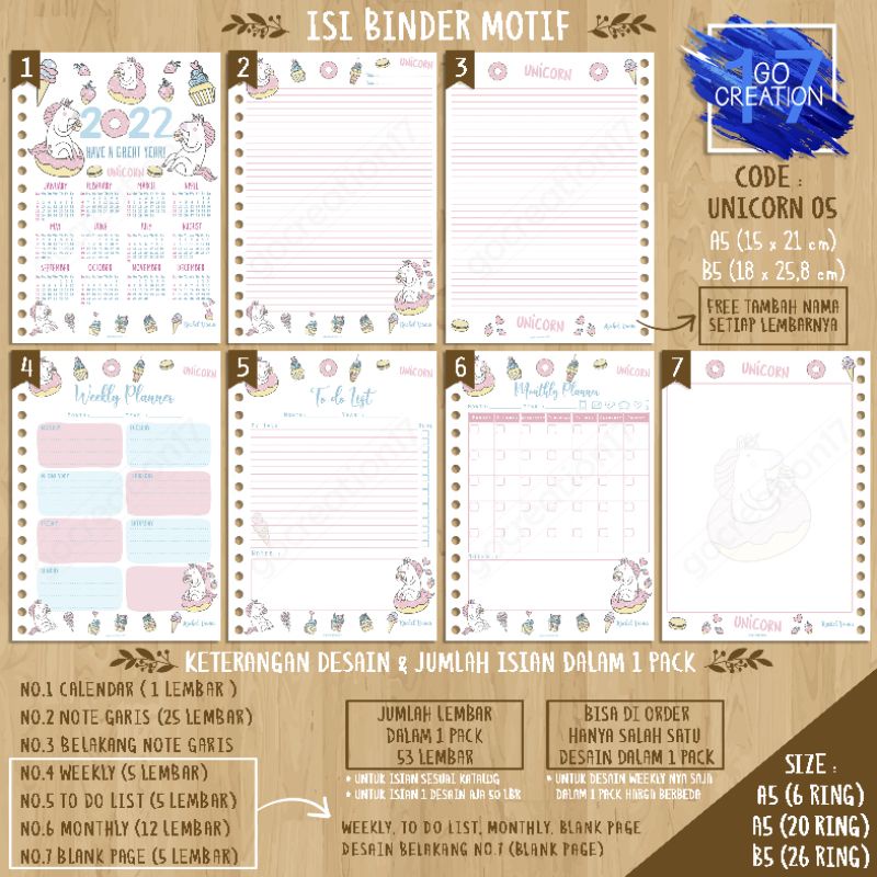 

Buku Planner isi Kertas Binder Motif Unicorn 05 Premium A5 ring 20 dan A5 ring 6