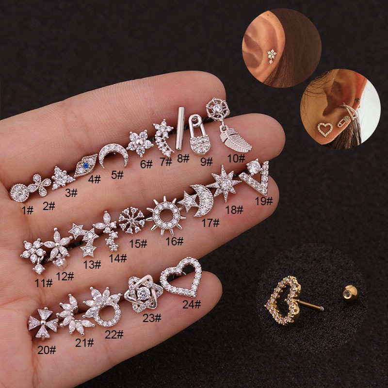 1Pc Gold Color 16g Stainless Steel Ear Cartilage Helix Screw Back Earring Stud Cz Tragus Rook Conch Piercing Jewelry