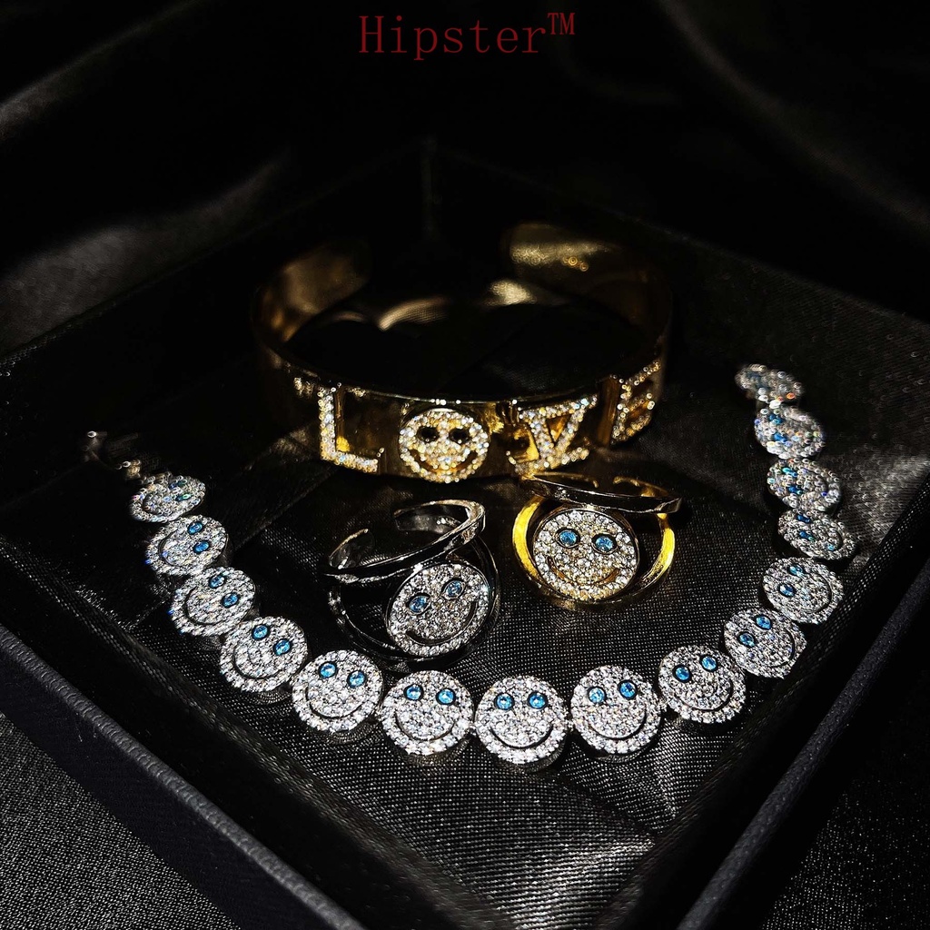 Set Trend All-Match Bracelet Smile Full Diamond Smiling Face Open Ring Niche Personality Micro-Inlaid Bracelet