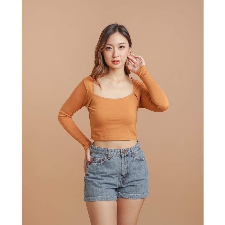 MODAVIE - LAURA Longsleeve Square Crop Top Korean Style Baju Atasan Wanita Lengan Panjang Crop Tee