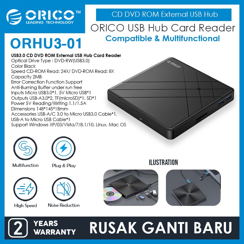 ORICO ORHU3-01 USB3.0 CD DVD ROM External USB Hub Card Reader