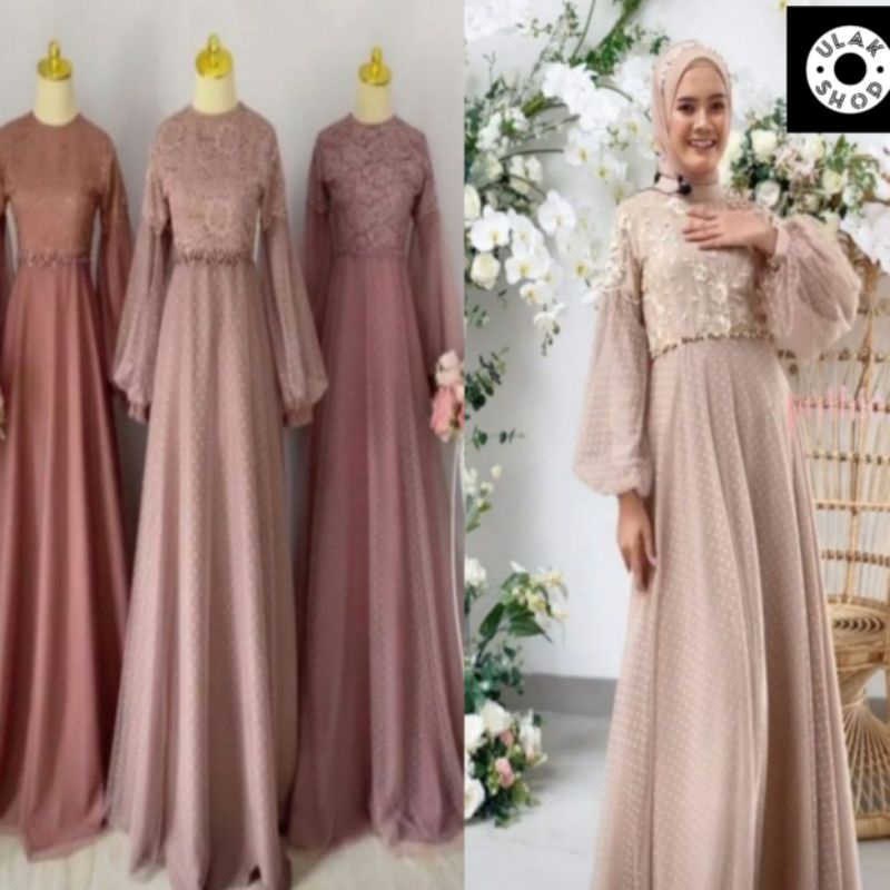 Baju Gamis Brukat Tile Pesta Dress  Kondangan Lamaran Lengan Balon Jumbo Terbaru Mewah September 202