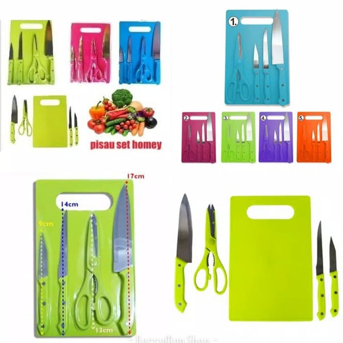 Talenan Full Set (Pisau + Talenan + Gunting) / Knife Set 5in1 Kemasan Mika Segel