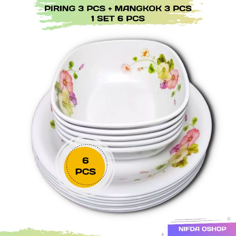 Set Piring Mangkok Melamin 6 PCS Motif Bunga