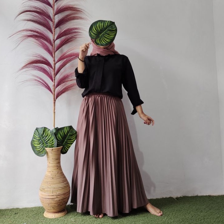 ROK PLISKET PREMIUM putih tulang hitam army bisa cod import tebal muslim pakaian wanita bawahan term