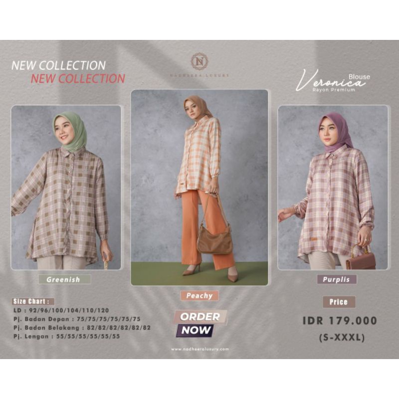 Tunik Premium Veronica Greenish by Nadheera Luxury|Tunik Motif Kotak|Tunik Terbaru 2022|Tunik Brande