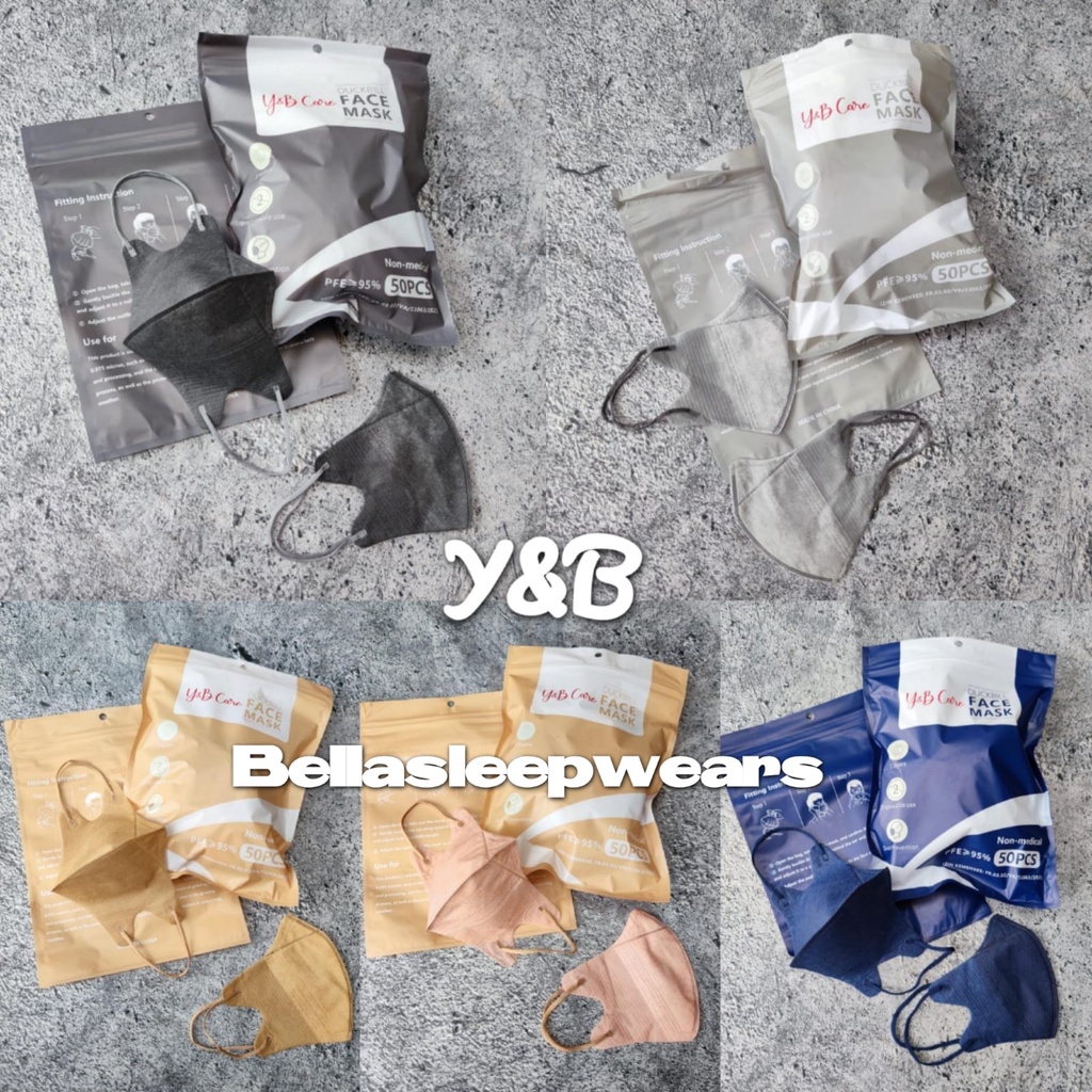 DB YB CARE MIX EMBOS RAINBOW 50 - MASKER DUCKBILL Y&amp;B CARE EMBOS KOREA EARLOOP 3PLY GARIS WARNA PUTIH HITAM ABU