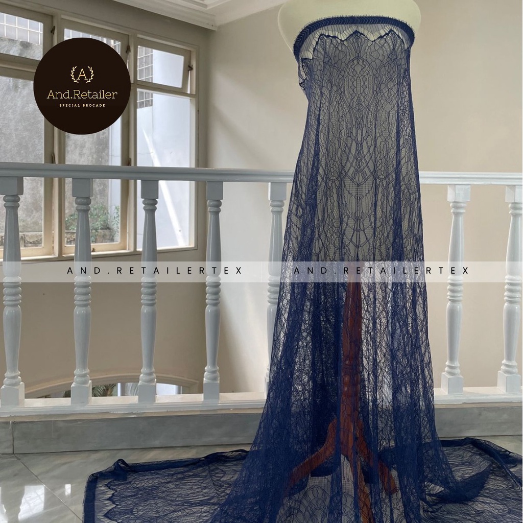 Bahan Kebaya Semi France Panel per 2,5m Lace Chantily Shantily Motif New Series Warna Biru Navy Dongker