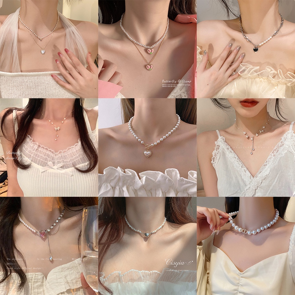 AY(CN) Kalung Rantai Klavikula Ganda Liontin Hati Tulip Minyak Mutiara Gaya Korea Elegan Untuk Aksesoris Perhiasan