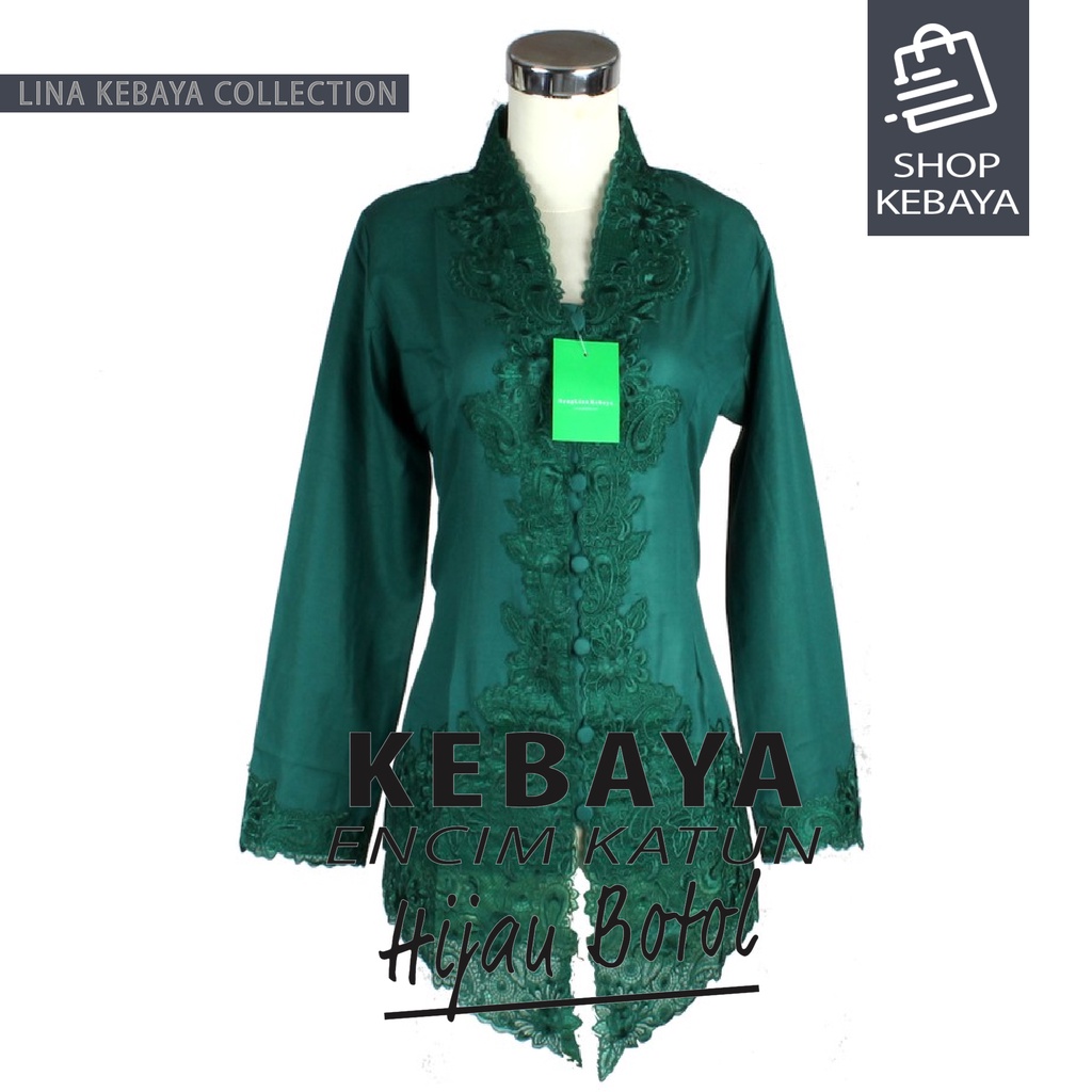 Kebaya Encim Katun Bordir Modern Hijau Botol Lengan Panjang