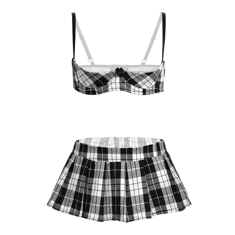 【Wetrose】Sexy Nightdress Uniform Seductive Plaid Skirt Hot Tease Small Chest Steel Ring Sexy Lingerie Bra Set