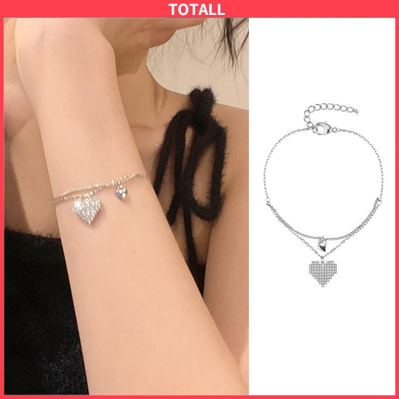 COD Double Layer Love Bracelet Light Luxury Niche Design Girlfriends Diamond Gelang-Totall