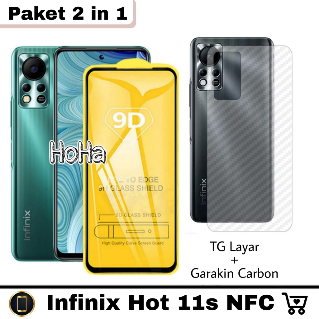 2IN1 Paket Tempered Glass INFINIX HOT 11s NFC NFC Anti Gores Layar Full Cover Free Garskin Carbon Pelindung Belakang Handphone