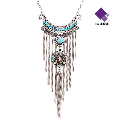 Kalung Choker Rantai Rumbai Panjang Turquoise Bahan Alloy Gaya Bohemian Untuk Wanita