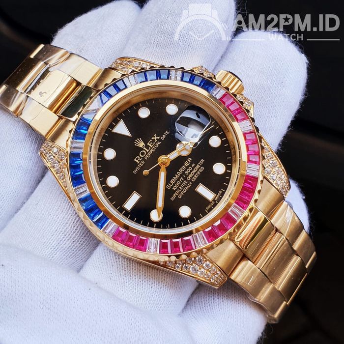 Suplier Jam Rolex Submariner Automatic Gold & Rainbow Diamond Bezel