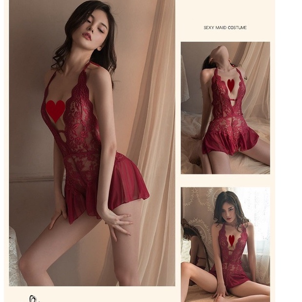 Sexy Lingerie Wanita transparan Open Crotch Jumpsuit Renda Baju Tidur Halter V-Neck 3A556