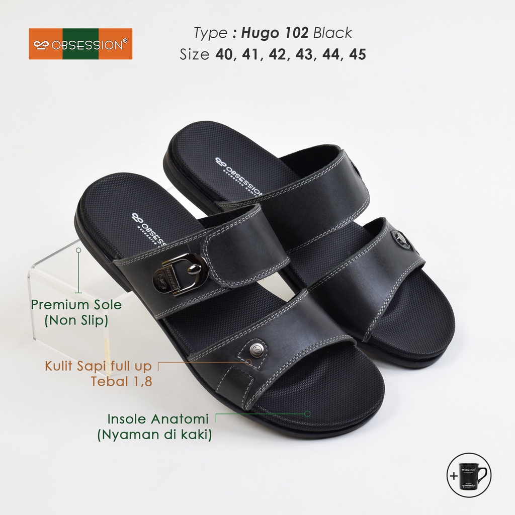 OBSESSION Sandal Kulit Pria Hugo 102 Hitam (size 40 - 45)