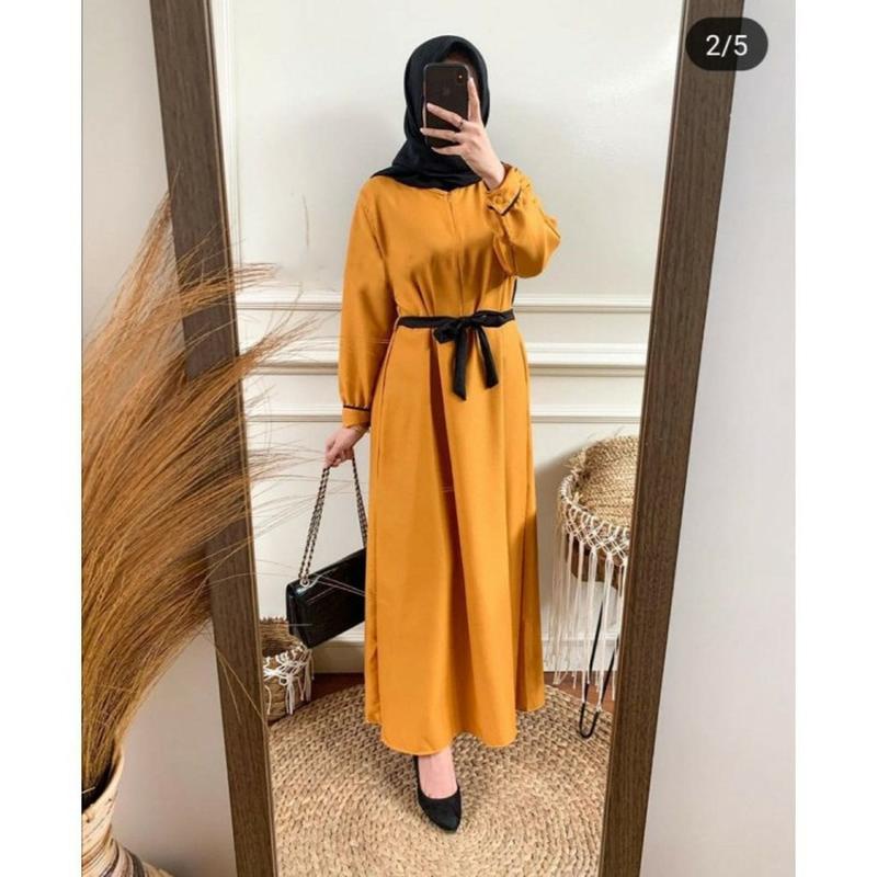 Pharsa Midi Dress Model Long Tunik Kekinian Modern Terbaru 2022 Bahan  Gamis Haniyah Tali Hitam Busu