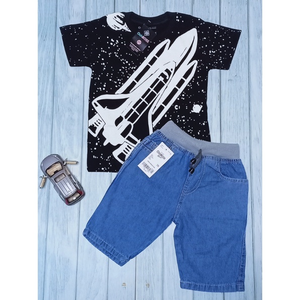 STJR - PREMIUM SETELAN BAJU KAOS ANAK MOTIF KARAKTER DAN JEANS PENDEK 1-10 TAHUN PART 2-roket hitam