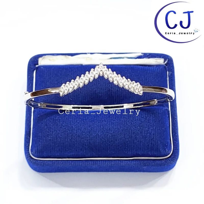 Gelang Perak Asli Silver Wanita 925 Lapis Emas Putih Model Bangle Oval Fuji Permata Full Kaku - Perhiasan Perak Wanita Asli