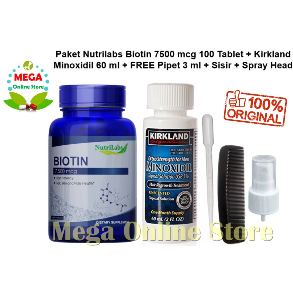 Paket Kirkland Minoxidil 60ml + Nutrilabs Biotin 7500 mcg USA