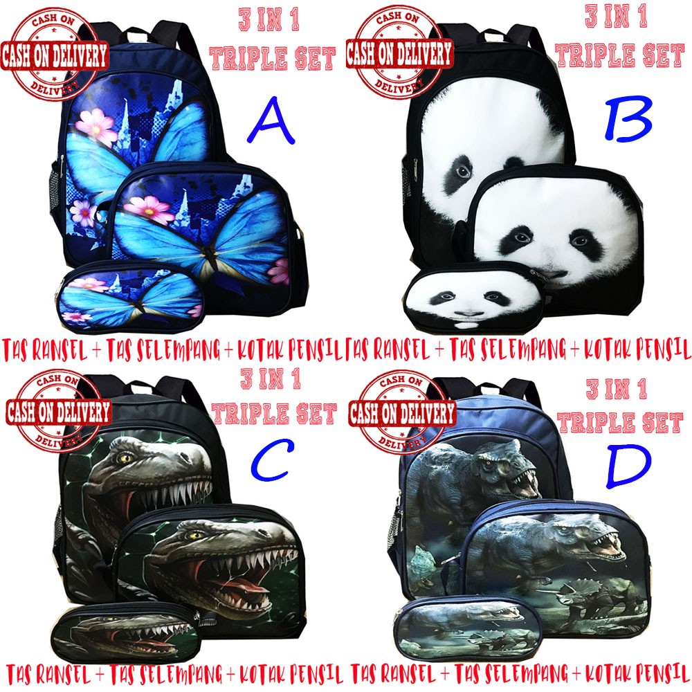 JUAL RUGI ~ COD ~ Tas Ransel 3 Set Anak Binatang Animal Dinosaurus Dino Kupu Kupu Panda tas beranak tas 3in1 tas 3 in 1