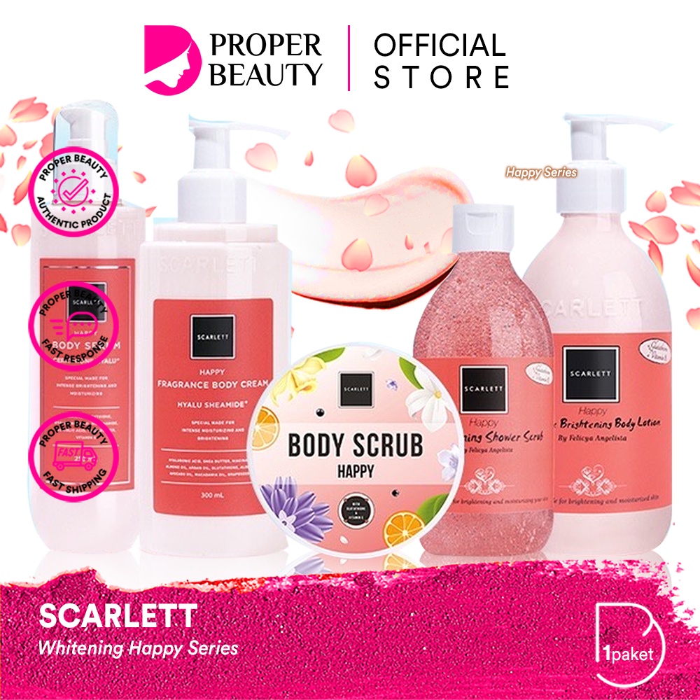 SCARLETT Whitening Happy Series Indonesia / Body Care / Perawatan Kulit Tubuh / Scrub Brightening Shower Scrub Serum Cerathione Hyalu Fragrance Cream Hyalu Sheamide Lotion 250ml 300ml / Sabun Mandi Moisturizer Pelembab / Skincare Package Paket Lengkap