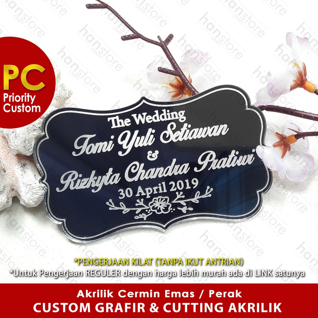 PC EXPRESS PO Nama Tanggal Nominal Text CUSTOM GRAFIR Cutting Akrilik Cermin Emas / Perak Mahar