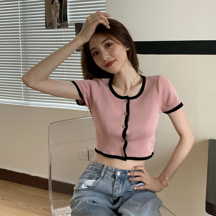 Kaos Lengan Pendek Model Crop Top Bahan Rajut Gaya Korea Untuk Wanita