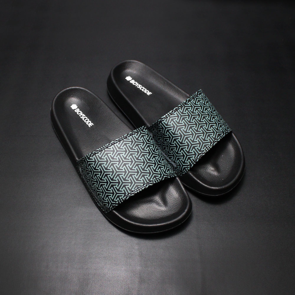 Sendal Selop Pria Wanita Distro Boyscode Triangle Motive Black Grey / Sendal Slip On Pria / Sendal Slide Pria