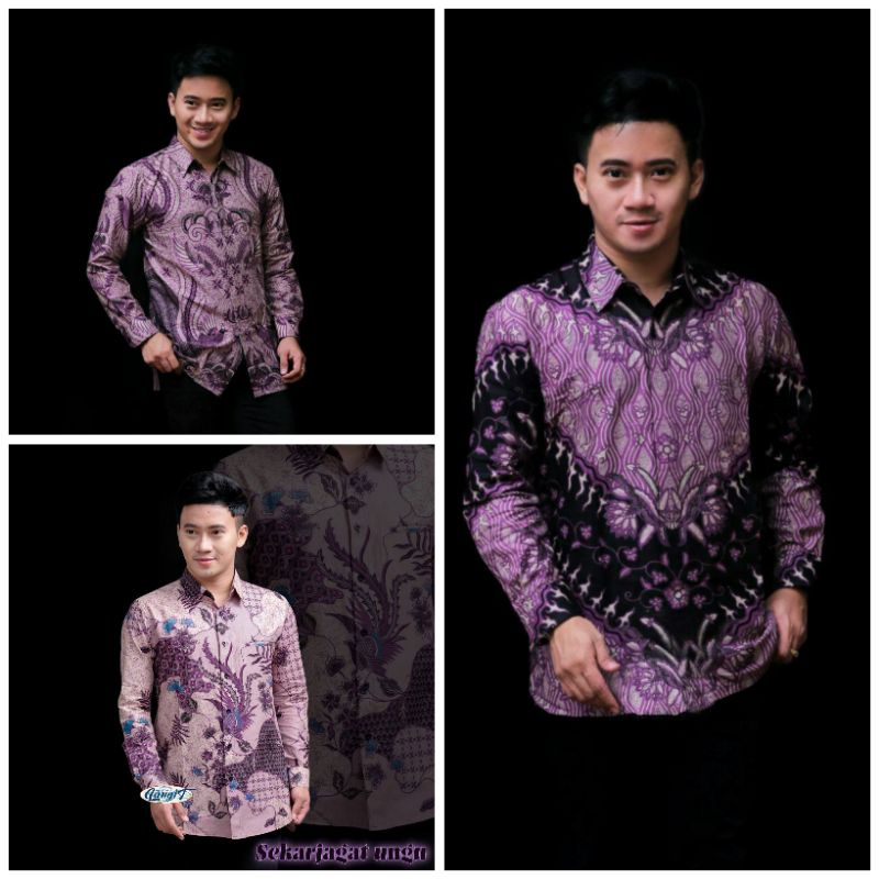 PUTU ECER KEMEJA HEM ATASAN BAJU BATIK PRIA COWOK MOTIF KERISS WARNA HITAM  UNGU LILAC LENGAN PANJAN