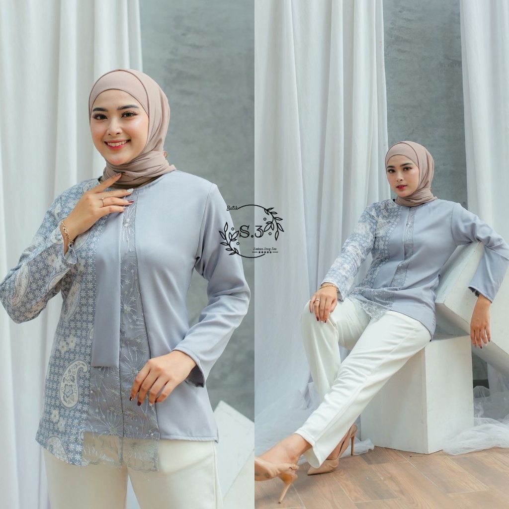 Casandra Blouse Batik Premium Mix Brokat Baju Atasan Wanita Kerja Kantor Bank Guru Ngajar Kuliah Elegan Batik Motif Terbaru 2022 Tunik Dress Btik Lengan Panjang Resleting Depan Busui Seragam Batik Original Pekalongan