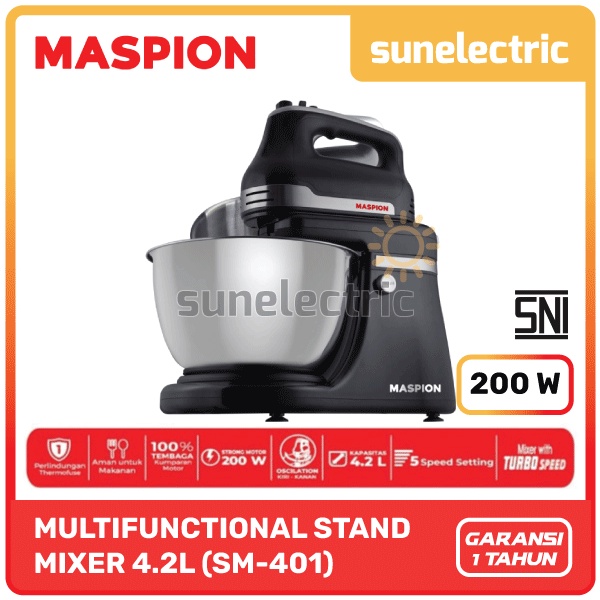 Maspion Stand Mixer Stainless Steel MSP SM-401 5-Speed + Turbo & Rotating Mixing Bowl Kapasitas Besa