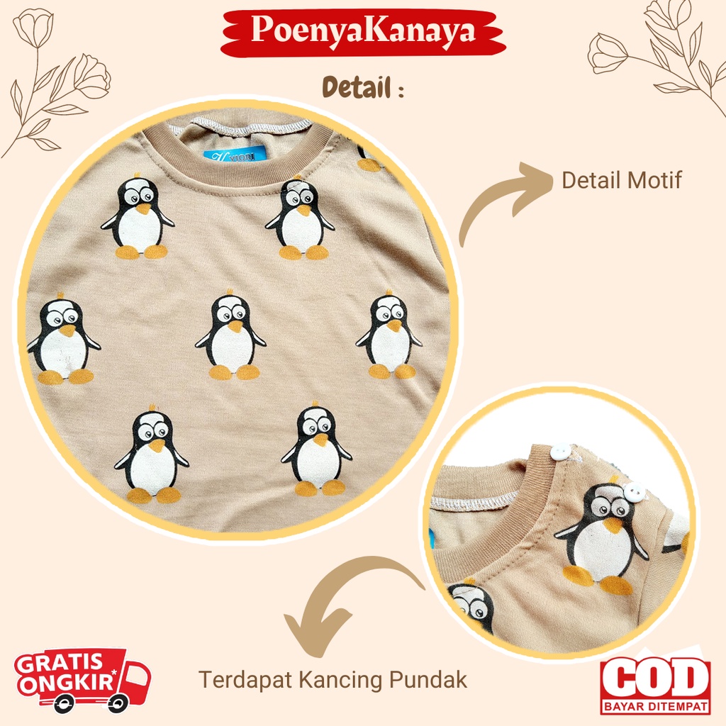 Setelan Baju Bayi Piyama Bayi Panjang Dasar Warna Full Print Pinguin Viori 3-12 Bulan SPY140