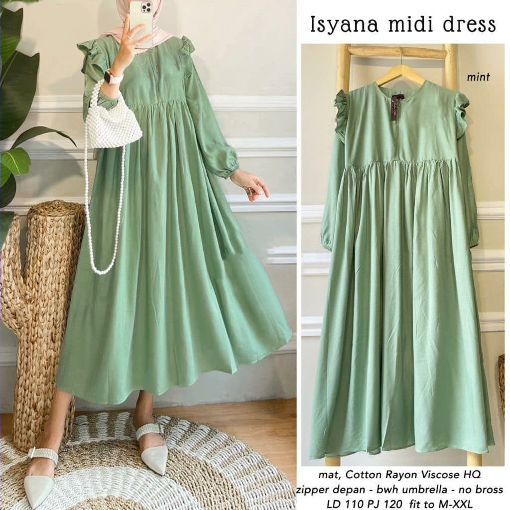 Midi Dress Isyana / Gamis Wanita Terbaru Kekinian / Midi Dress Katun Rayon Polos Premium