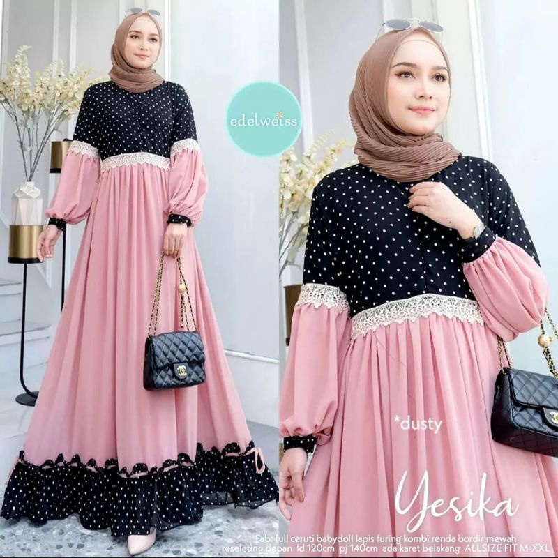 Dress Yesika Maxi Gamis Full Ceruti Babydol Lapis Furing Kombi Renda Bordir Mewah Adem Nyaman Dipakai