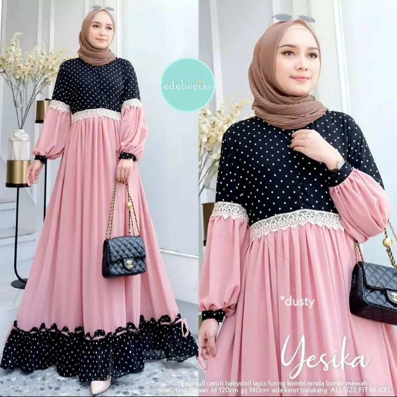 Dress Yesika Maxi Gamis Full Ceruti Babydol Lapis Furing Kombi Renda Bordir Mewah Adem Nyaman Dipakai