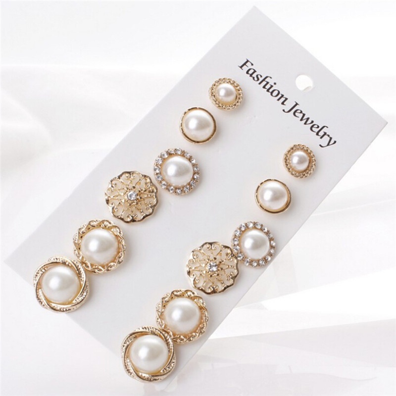 (LUCKID) 6 Pasang / Set Anting Tusuk Aksen Mutiara + Berlian Imitasi Untuk Perhiasan Wanita