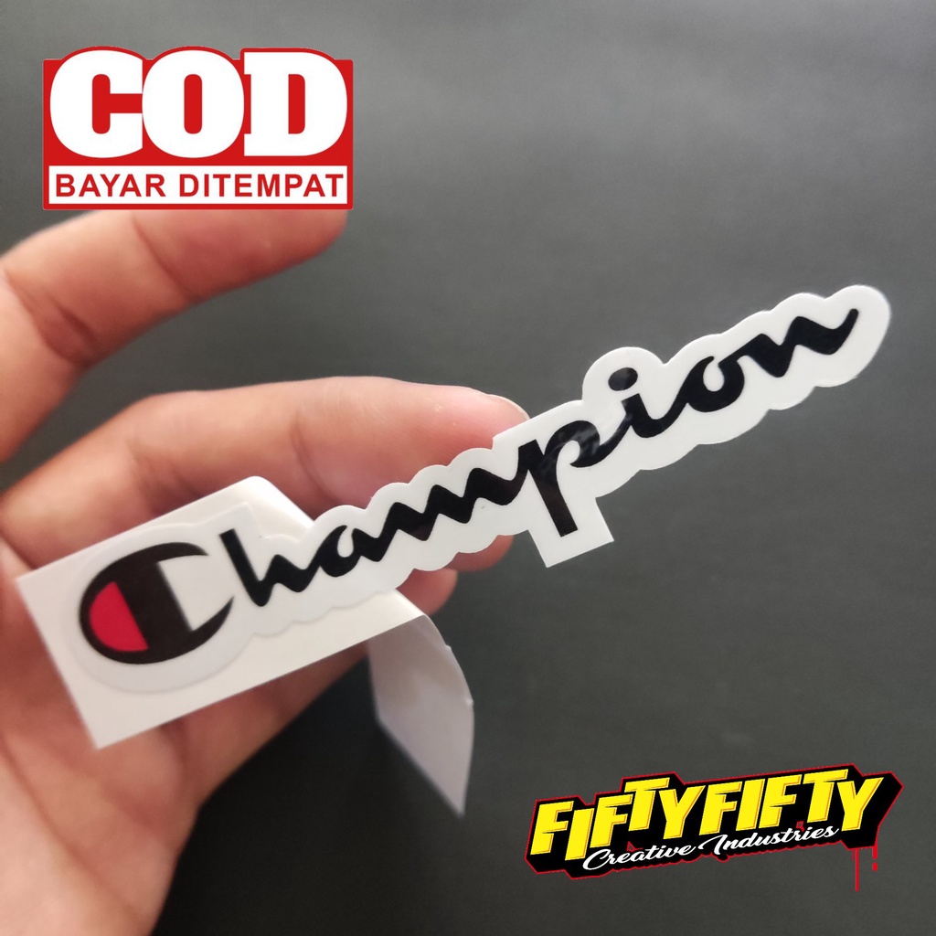 Stiker Print Cut CHAMPION Stiker Printing Laminasi Glossy Stiker Motor Mobil Helm Sudah Membentuk Pola Desain