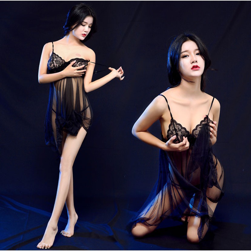 ★ Cayman ★ Set Lingerie Wanita Bahan Lace Tipis Pandang Sexy Baju Tidur Sleepwear BJ010-Black