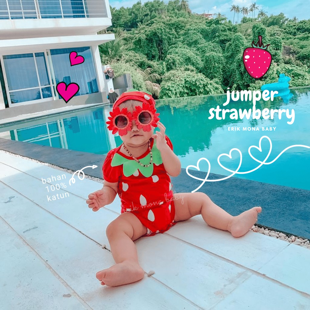 Ermon Baby - Jumper Bayi Laki Laki Perempuan Jumper Baby Cowok Cewek Lucu Karakter Buah Strawberry + Topi Usia 0 - 12 Bulan