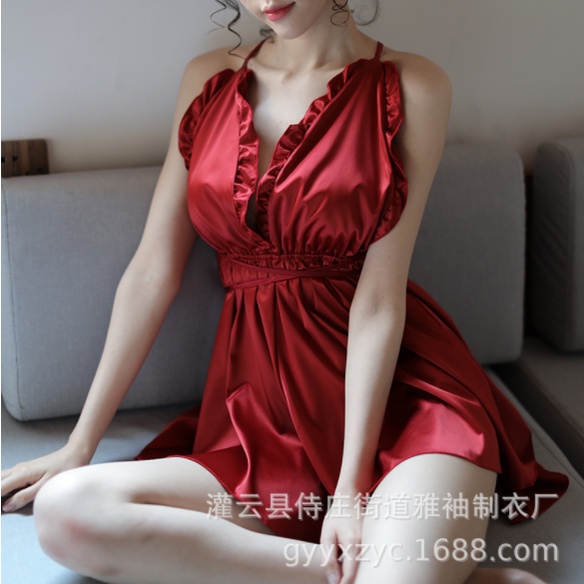 New foreign trade halter suspender nightdress sexy temptation sexy lingerie ruffled imitation silk