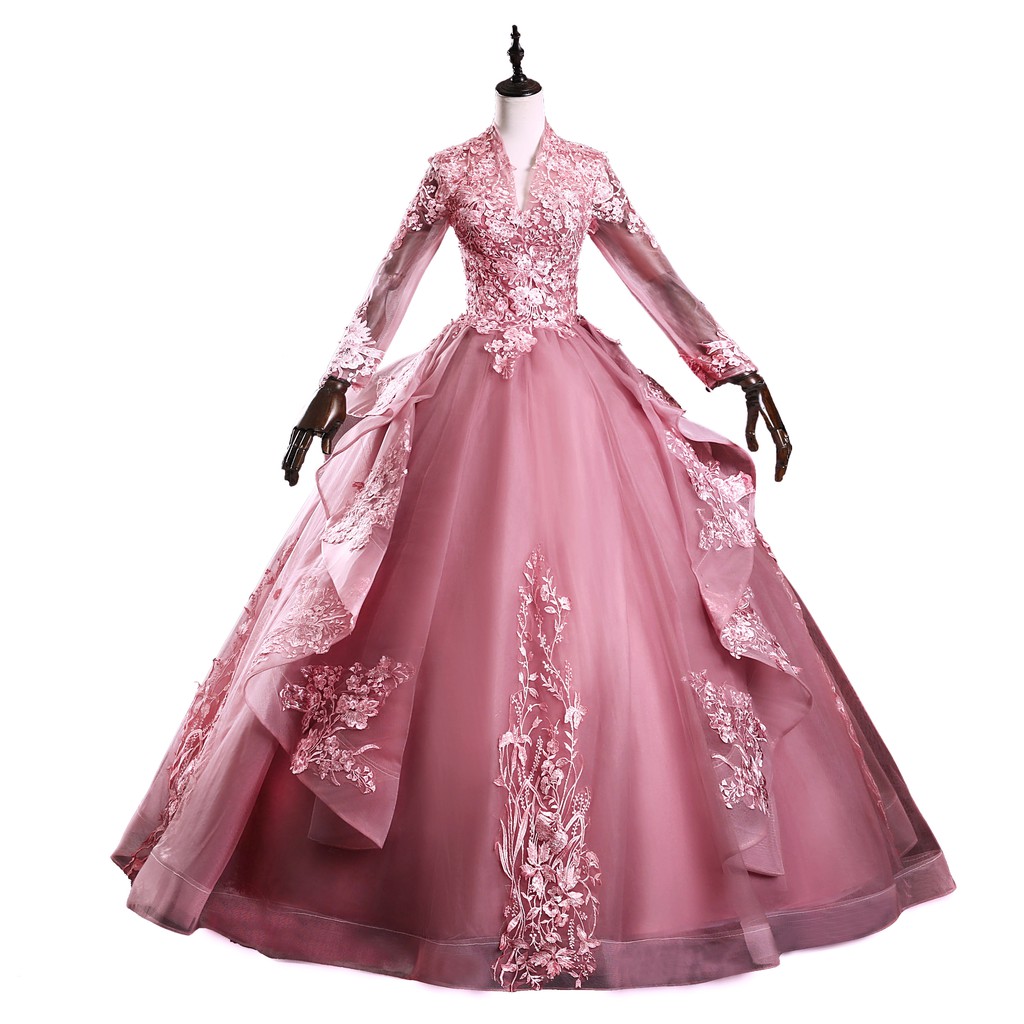 Gaun Pengantin 1912021 Dusty Pink Maroon Lengan Panjang Wedding Dress Gown